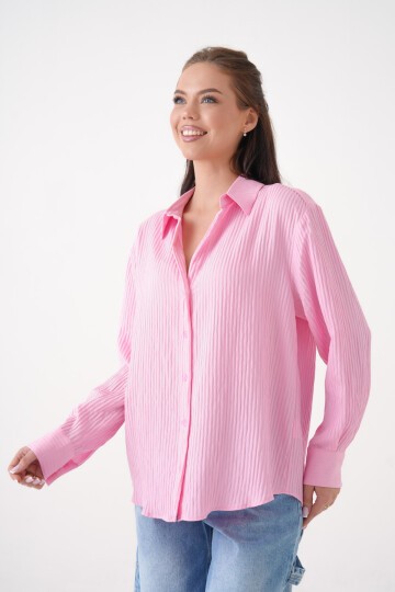 Kadın Gömlek Yaka Önü Düğmeli Düz Uzun Kol Rahat Kalıp Curve Büyük Bedeb Yazlık Gömlek