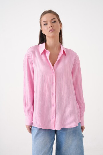 Kadın Gömlek Yaka Önü Düğmeli Düz Uzun Kol Rahat Kalıp Curve Büyük Bedeb Yazlık Gömlek