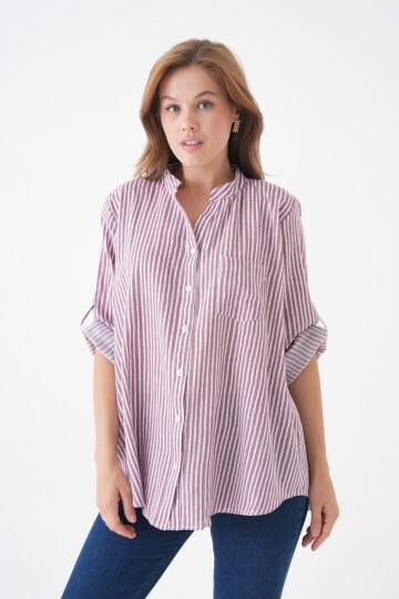 Kadın Hakim Yaka Geniş Kalıp Tesettüre Uygun Çizgili Spor Şık Curve Gömlek