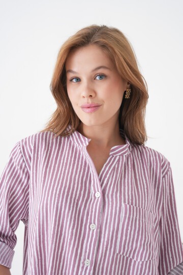 Kadın Hakim Yaka Geniş Kalıp Tesettüre Uygun Çizgili Spor Şık Curve Gömlek