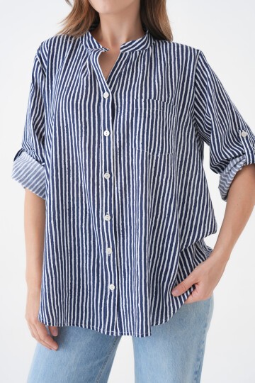 Kadın Hakim Yaka Geniş Kalıp Tesettüre Uygun Çizgili Spor Şık Curve Gömlek