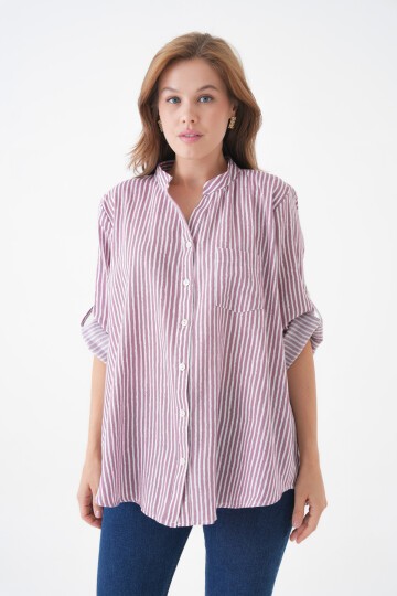 Kadın Hakim Yaka Geniş Kalıp Tesettüre Uygun Çizgili Spor Şık Curve Gömlek