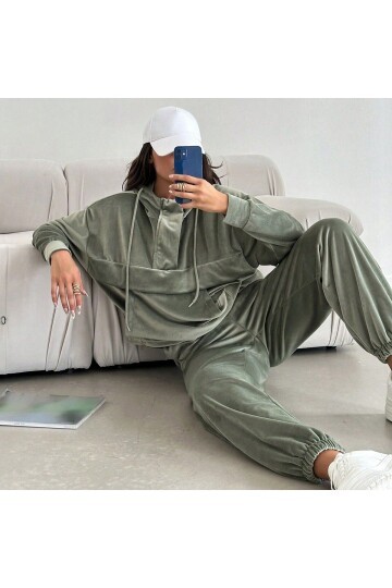 Kadın İthal Kadife Oversize Salaş Kangru Cep Kapşonlu Sweatshirt Lastik Paça Spor Şık Eşofman Takımı