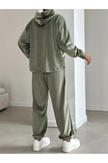 Kadın İthal Kadife Oversize Salaş Kangru Cep Kapşonlu Sweatshirt Lastik Paça Spor Şık Eşofman Takımı