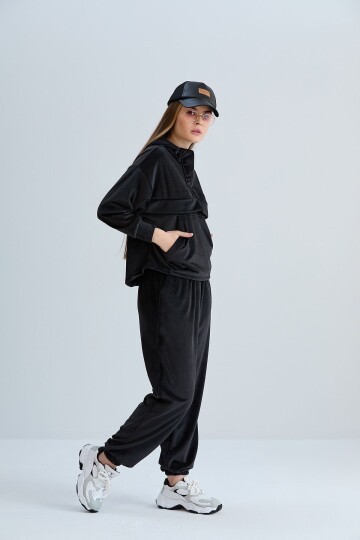 Kadın İthal Kadife Oversize Salaş Kangru Cep Kapşonlu Sweatshirt Lastik Paça Spor Şık Eşofman Takımı