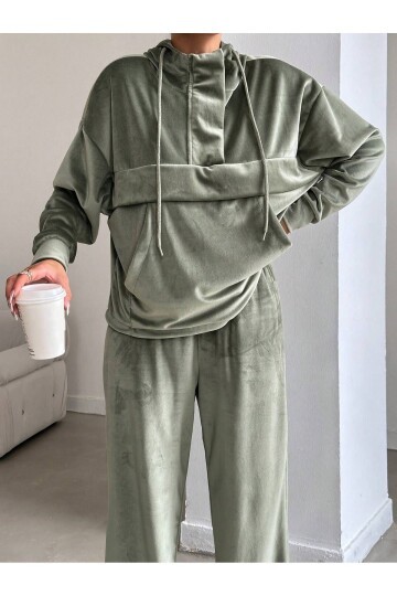 Kadın İthal Kadife Oversize Salaş Kangru Cep Kapşonlu Sweatshirt Lastik Paça Spor Şık Eşofman Takımı