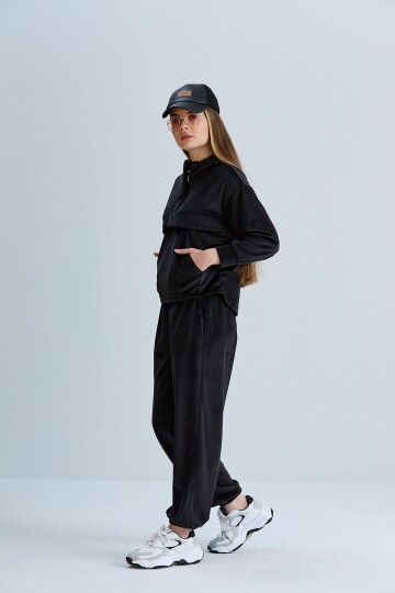 Kadın İthal Kadife Oversize Salaş Kangru Cep Kapşonlu Sweatshirt Lastik Paça Spor Şık Eşofman Takımı