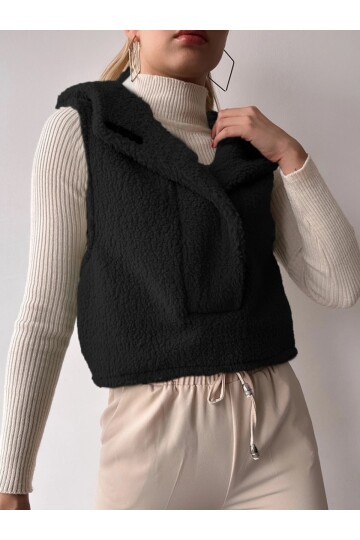 Kadın Kapüşonlu Cepli Tasarım Yaka Spor Şık Peluş Yelek