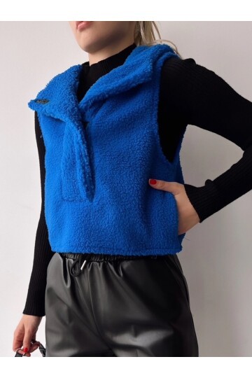 Kadın Kapüşonlu Cepli Tasarım Yaka Spor Şık Saks Peluş Yelek