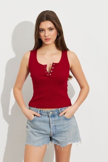 Kadın Kare Yaka Kalın Askılı Önden Çıtçıtlı Yazlık Crop Top Şık Bluz