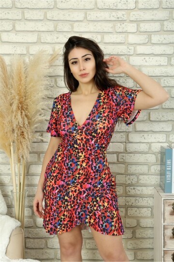 Kadın Karışık Renkli Desenli Kruvaze Şık Mini Elbise