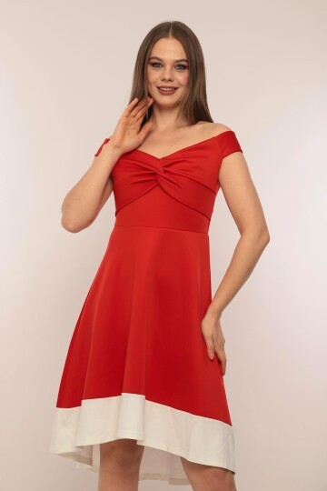 Kadın Kayık Yaka Kırmızı Volanlı Çan Kesim Şık Curve Gece Abiye/Mezuniyet Elbisesi