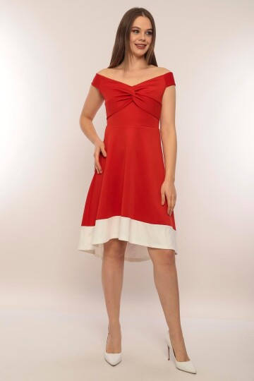 Kadın Kayık Yaka Kırmızı Volanlı Çan Kesim Şık Curve Gece Abiye/Mezuniyet Elbisesi