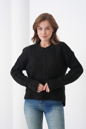 Kadın Kendinden Dokulu Uzun Kollu Bisiklet Yaka Spor Şık Kışlık Triko Kazak