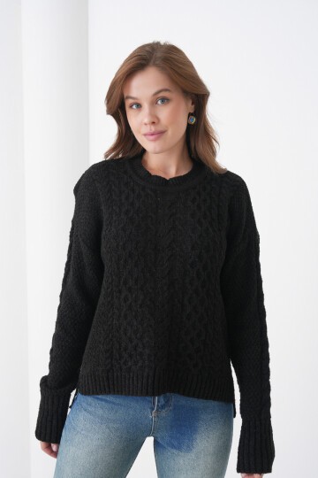 Kadın Kendinden Dokulu Uzun Kollu Bisiklet Yaka Spor Şık Kışlık Triko Kazak