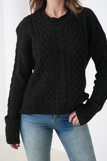 Kadın Kendinden Dokulu Uzun Kollu Bisiklet Yaka Spor Şık Kışlık Triko Kazak