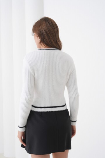 Kadın Asimetrik V Kesim Şerit Kenar Sakallı Uzun Kollu Bisiklet Yaka Spor Şık Kışlık Triko Kazak