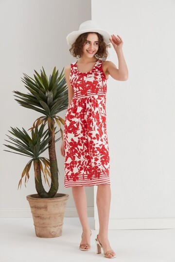 Kadın Kırmızı Çiçekli Cepli Spor Şık Kolsuz Viskon Curve Büyük Beden Günlük Elbise