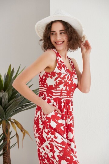 Kadın Kırmızı Çiçekli Cepli Spor Şık Kolsuz Viskon Curve Büyük Beden Günlük Elbise