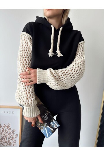 Kadın Kolları Örgü Triko Süper Şık Tasarım Oversize Crop Boy Siyah Sweatshirt