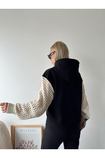 Kadın Kolları Örgü Triko Süper Şık Tasarım Oversize Crop Boy Siyah Sweatshirt