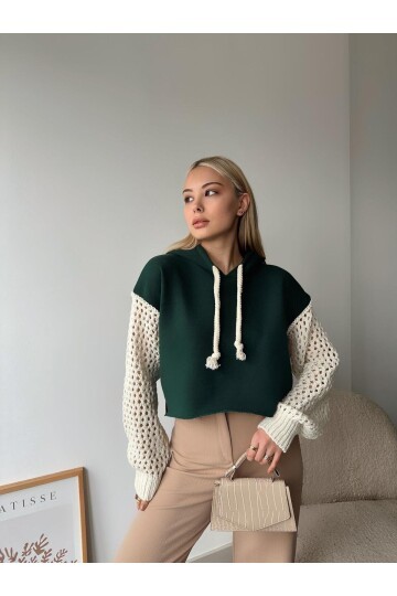 Kadın Kolları Örgü Triko Süper Şık Tasarım Oversize Crop Boy Yeşil Sweatshirt