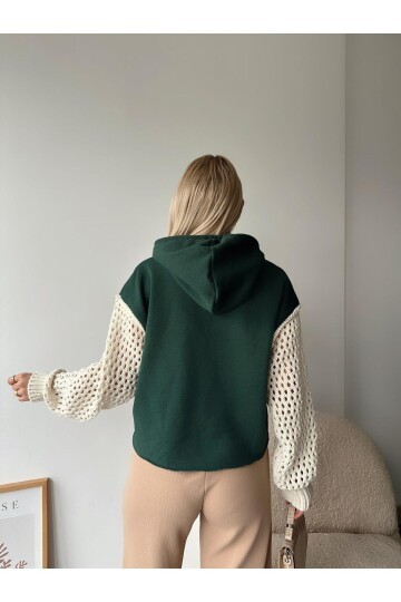 Kadın Kolları Örgü Triko Süper Şık Tasarım Oversize Crop Boy Yeşil Sweatshirt