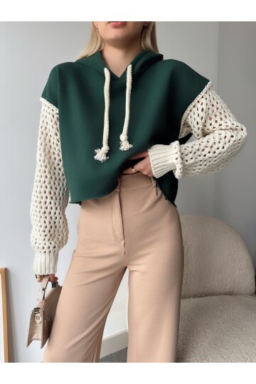 Kadın Kolları Örgü Triko Süper Şık Tasarım Oversize Crop Boy Yeşil Sweatshirt