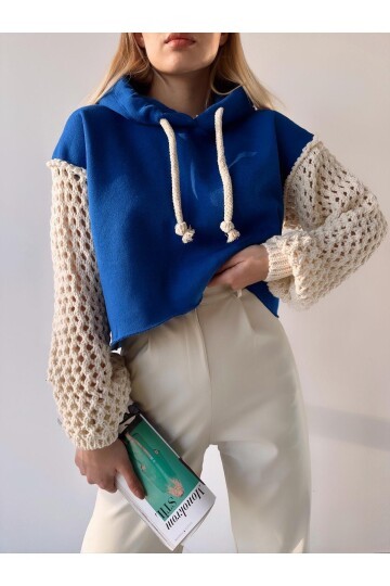 Kadın Kolları Triko Tasarım 3 İplik Uzun Kol Pamuk Crop Boy Şık Sweatshirt