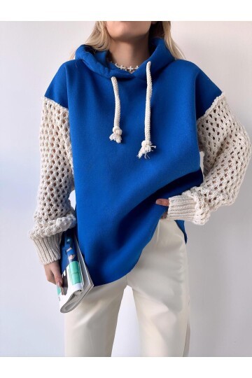 Kadın Kolları Triko Oversize Curve Tasarım Saks Mavi Sweatshirt