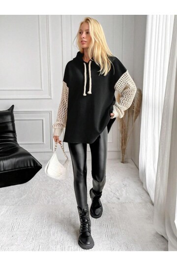 Kadın Kolları Triko Oversize Curve Tasarım Siyah Sweatshirt