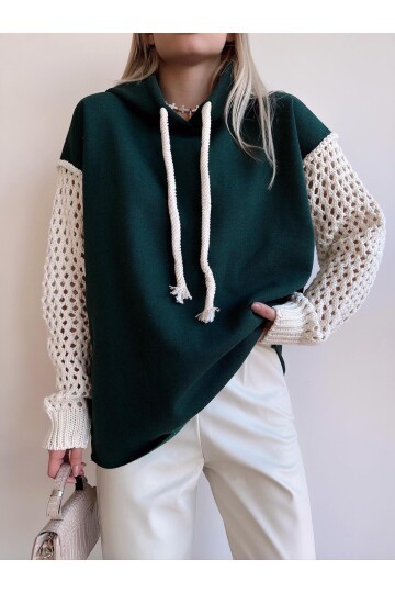 Kadın Kolları Triko Oversize Curve Tasarım Zümrüt Yeşil Sweatshirt