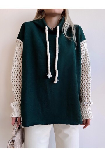 Kadın Kolları Triko Oversize Curve Tasarım Zümrüt Yeşil Sweatshirt