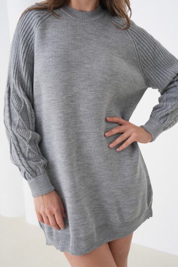 Kadın Kolları Uzun Kendinden Dokulu Bisiklet Yaka Tunik Boy Şık Kışlık Triko Kazak