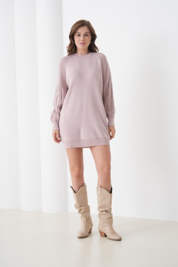 Kadın Kolları Uzun Kendinden Dokulu Bisiklet Yaka Tunik Boy Şık Kışlık Triko Kazak