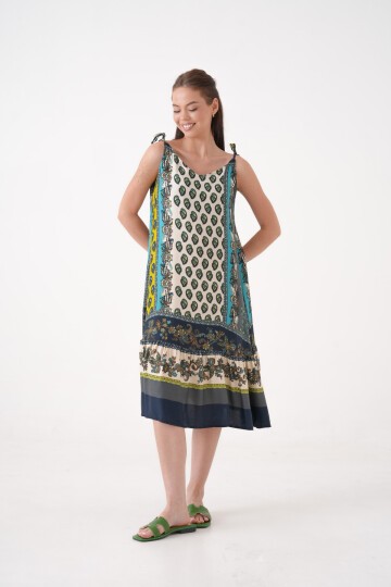 Kadın Kolsuz Desenli Eteği Pileli Büyük Beden Curve Yazlık Askılı Elbise