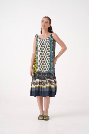 Kadın Kolsuz Desenli Eteği Pileli Büyük Beden Curve Yazlık Askılı Elbise