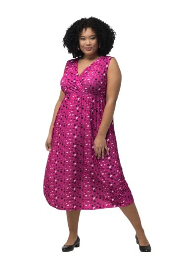 Kadın Kruvaze Yaka Belden Lastikli Kolsuz Desenli Maxi Boy Büyük Beden Curve Şık Elbise