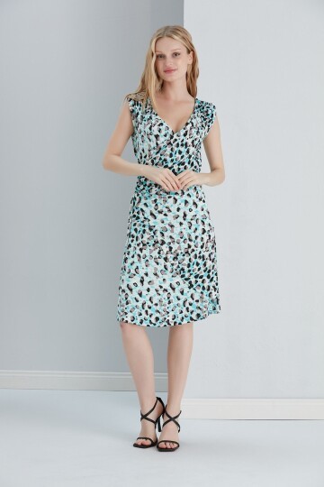 Kadın Leopar Bele Oturan Büzgü Detay Kruvaze Mavi Viskon Elbise