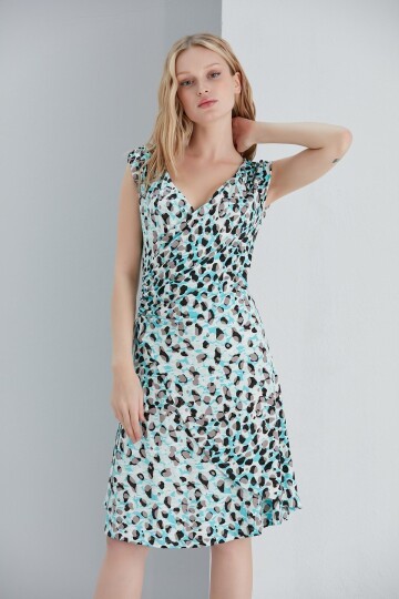 Kadın Leopar Bele Oturan Büzgü Detay Kruvaze Mavi Viskon Elbise