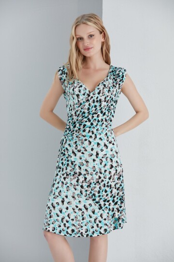 Kadın Leopar Bele Oturan Büzgü Detay Kruvaze Mavi Viskon Elbise