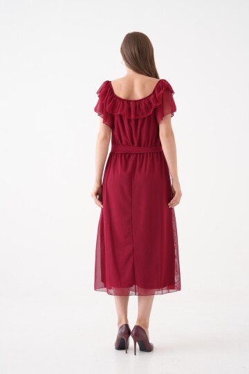 Kadın Madonna Yaka Kayık Omuz Midi Şık Büyük Beden Curve Astarlı Kuşaklı Şifon Elbise