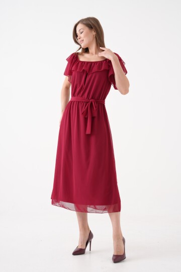 Kadın Madonna Yaka Kayık Omuz Midi Şık Büyük Beden Curve Astarlı Kuşaklı Şifon Elbise