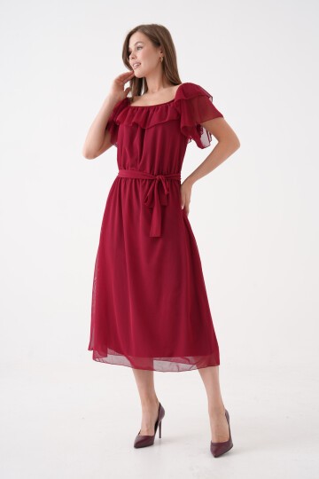 Kadın Madonna Yaka Kayık Omuz Midi Şık Büyük Beden Curve Astarlı Kuşaklı Şifon Elbise