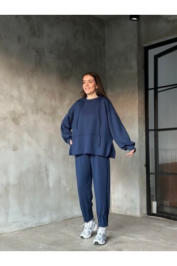 Kadın Oversize Fermuarlı Kapüşonlu Sweatshirt Pileli Paça Tesettüre Uygun Spor Şık Eşofman Takımı