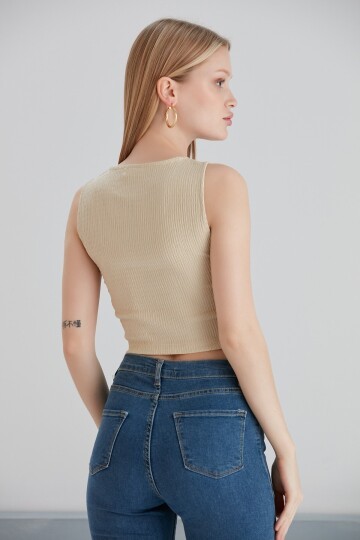 Kadın Önü Düğüm Model Kolsuz Spor Şık Curve Croptop Bluz