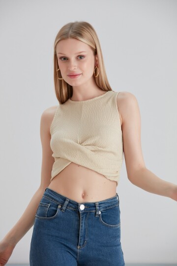 Kadın Önü Düğüm Model Kolsuz Spor Şık Curve Croptop Bluz