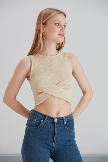Kadın Önü Düğüm Model Kolsuz Spor Şık Curve Croptop Bluz