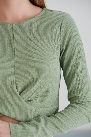 Kadın Önü Düğüm Model Uzun Kol Spor Şık Curve Mint Yeşil Coptop Bluz