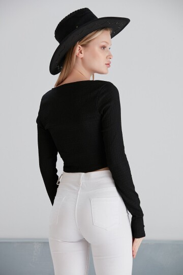 Kadın Önü Düğüm Model Uzun Kol Spor Şık Curve Siyah Coptop Bluz